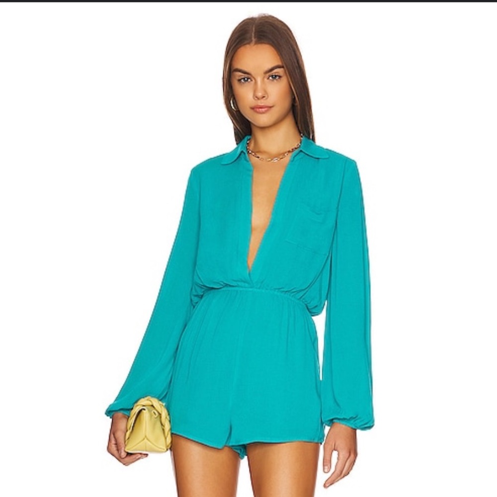 superdown Teal Plunge Neck Long-Sleeve Romper